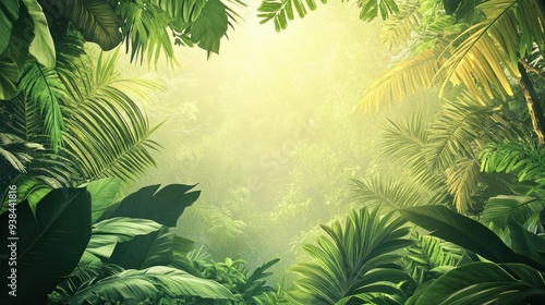 A lush green jungle with a bright sun shining through the leaves