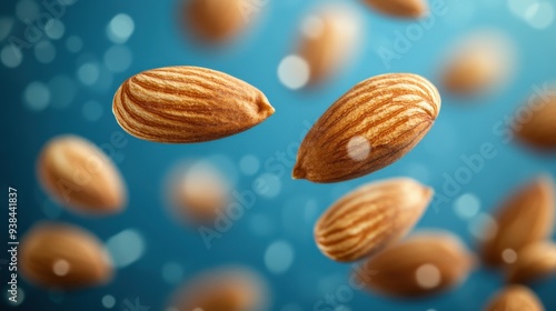 Almonds Suspended Against a Blue Background