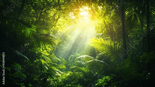 A lush green jungle with a bright sun shining through the leaves