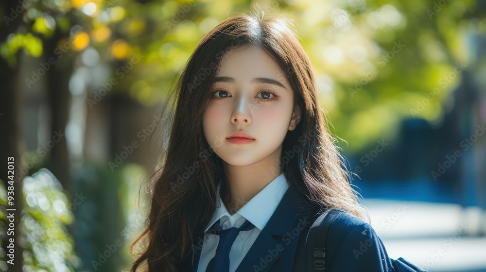 Young woman in a school uniform walks through a sunny park in autumn Young woman in a school uniform walks through a sunny park in autumn