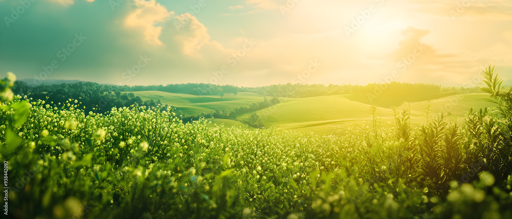 Fototapeta premium A field of green grass with a rolling hill landscape and a golden sunset in the background.