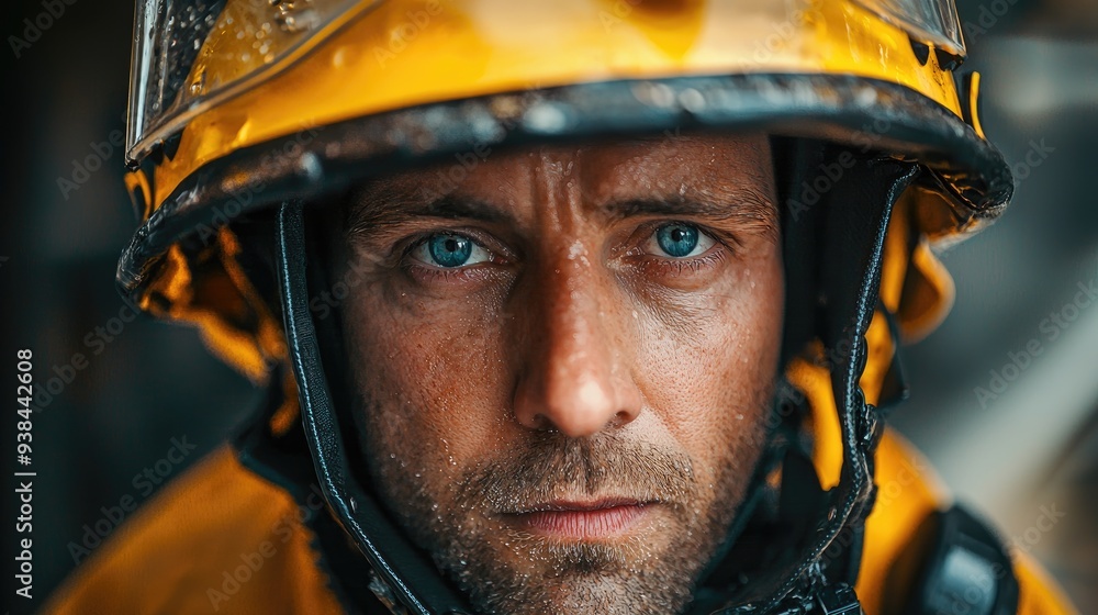 Close-up Portrait of a Firefighter in Full Gear with Intense Blue Eyes and Determined Expression Close-up Portrait of a Firefighter in Full Gear with Intense Blue Eyes and Determined Expression