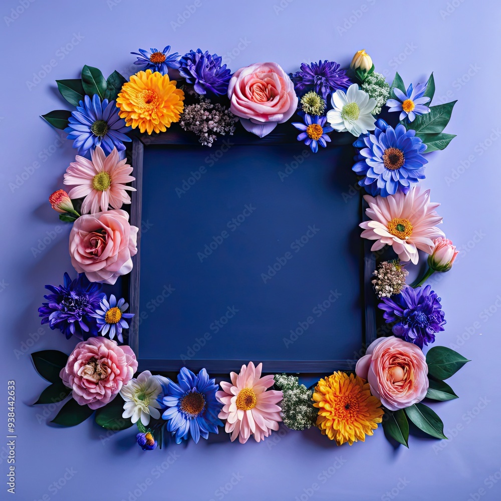 Fototapeta premium Floral Frame with Blank Blue Square