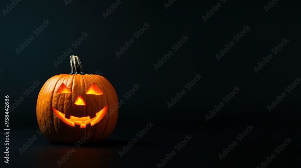 Glowing Halloween pumpkin with carved face against dark background Glowing Halloween pumpkin with carved face against dark background
