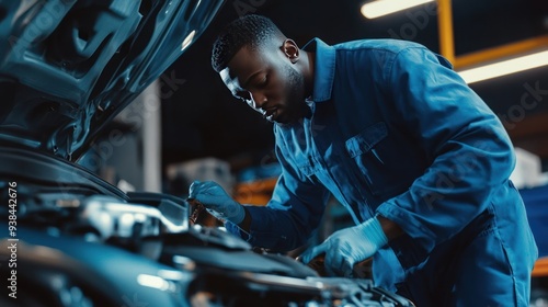 A mechanic is working on a car engine