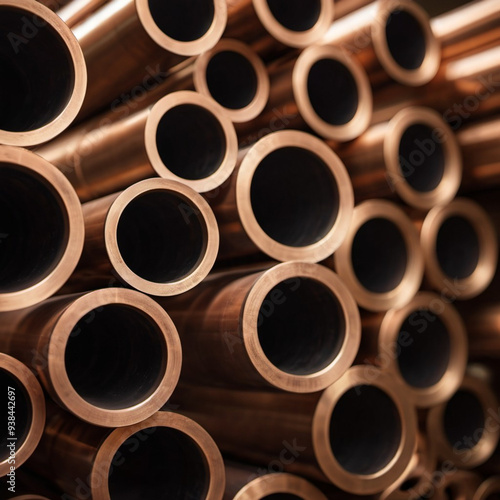 Copper bronze heat exchanger pipes. Heavy non-ferrous metallurgy. Factory industrial production of metal cuprum pipes. Heat exchanger is a technical device in which heat is exchanged between two media