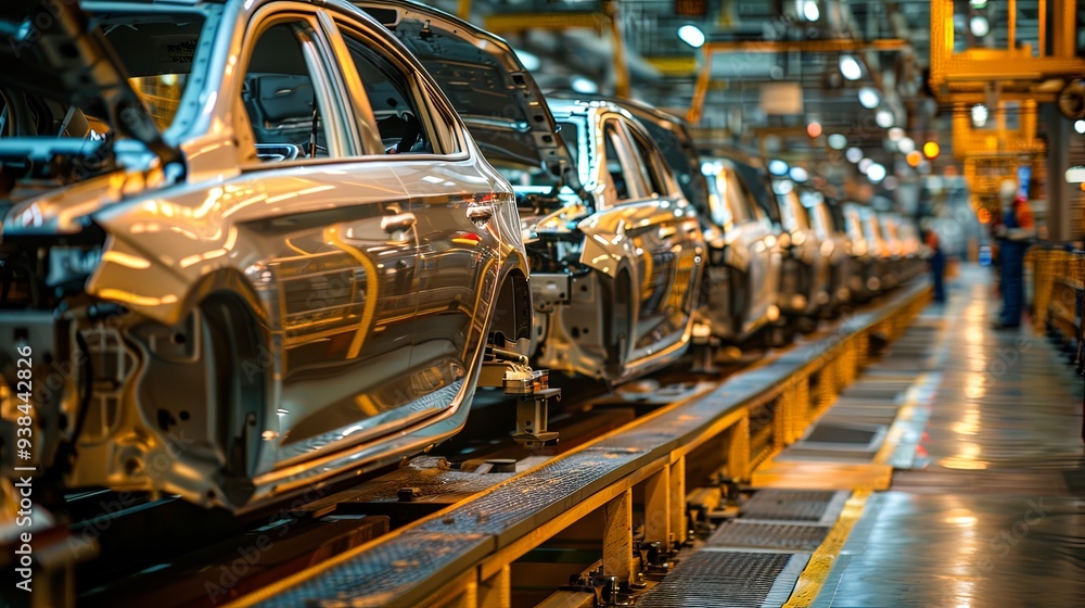 A series of silver cars partially assembled stands in an industrial plant, capturing the intricate steps and meticulous processes involved in automobile manufacturing. A series of silver cars partially assembled stands in an industrial plant, capturing the intricate steps and meticulous processes involved in automobile manufacturing.