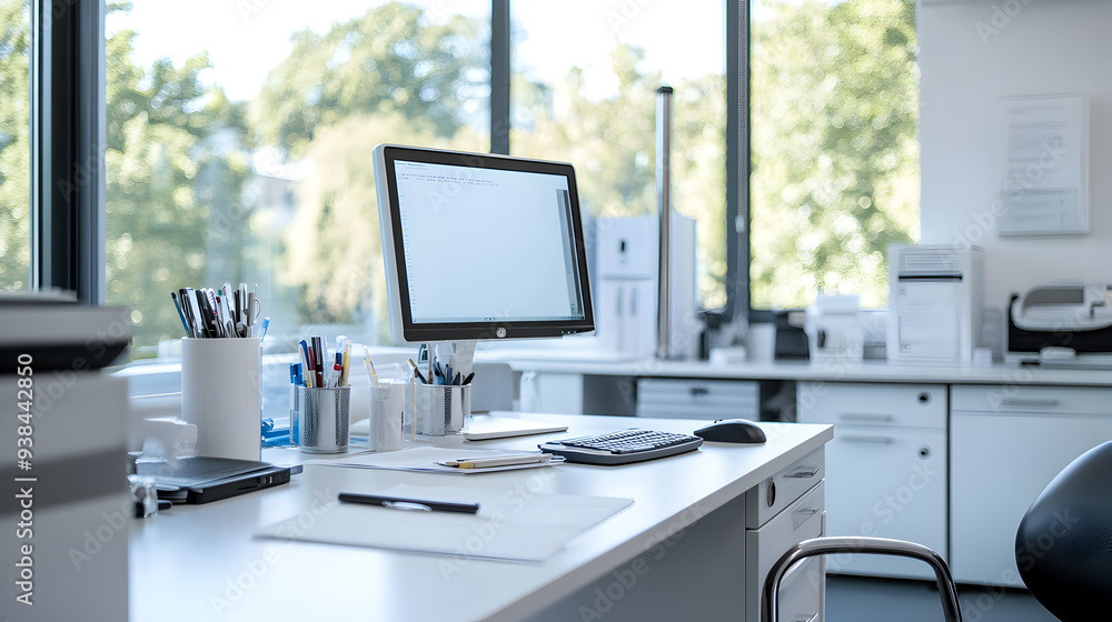 A white desk with a computer, keyboard, mouse, and office supplies in a modern office. A white desk with a computer, keyboard, mouse, and office supplies in a modern office.
