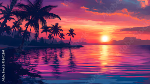 A vibrant sunset over the ocean with palm trees silhouetted against the fiery sky. The water reflects the colours of the sky, creating a stunning and peaceful scene.