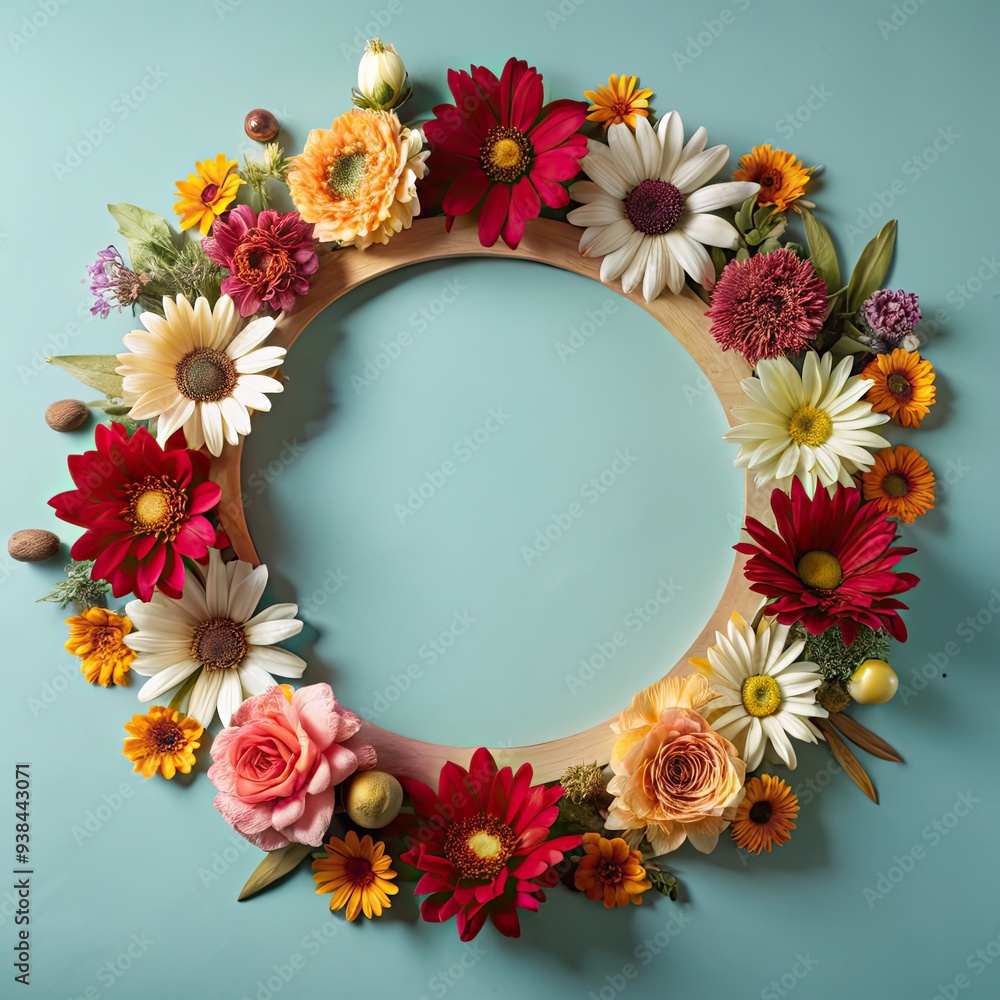 Fototapeta premium Floral Wreath with Wooden Circle Frame on Blue Background