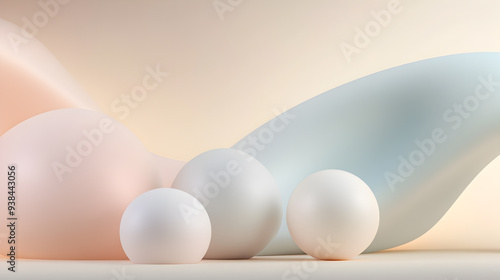 Abstract background with soft pastel colors, three white spheres and a blue and pink wave.