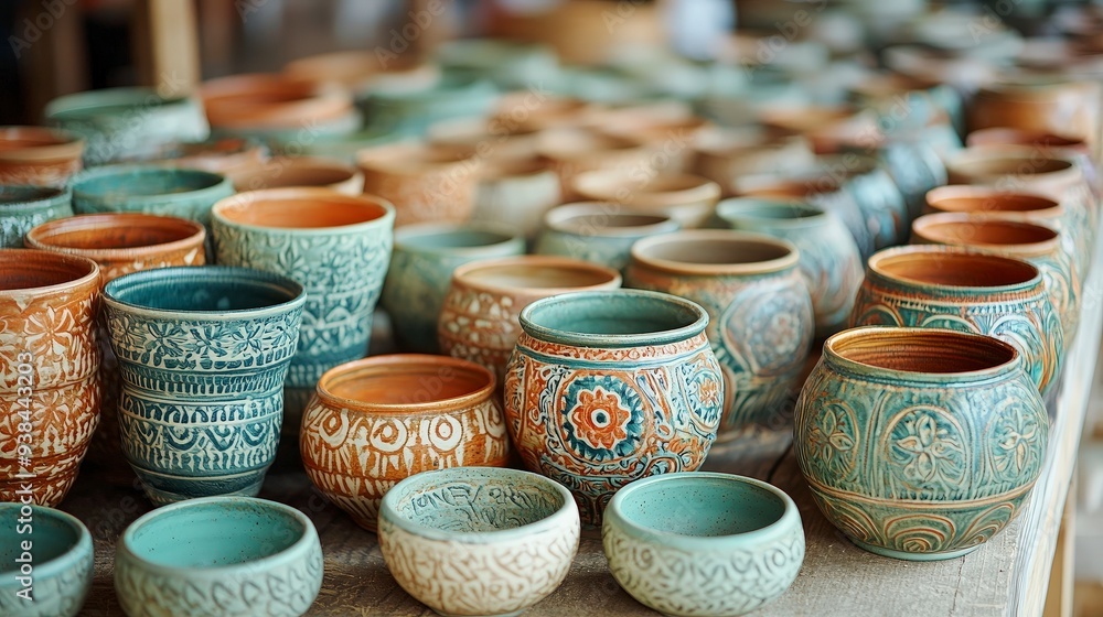 Close up of various decorative ceramic bowls and pots on a wooden table. Close up of various decorative ceramic bowls and pots on a wooden table.