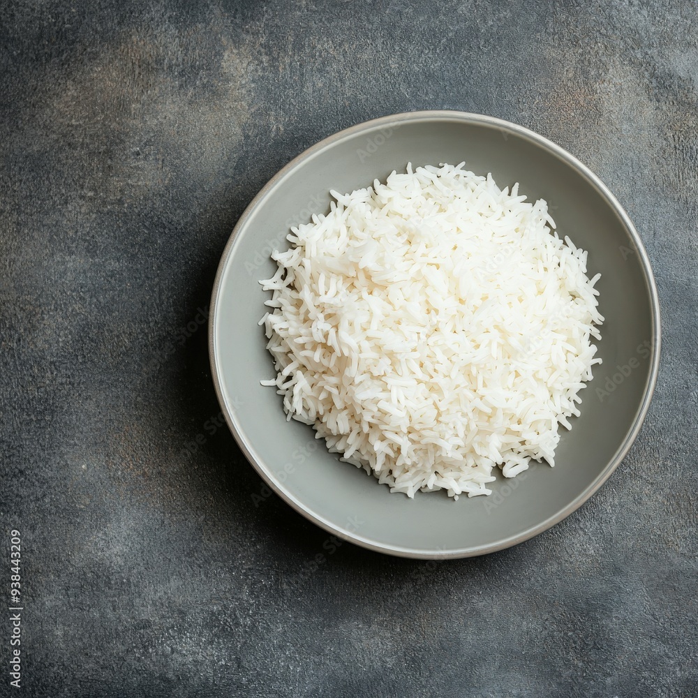 Bowl of fluffy white rice on a dark textured background Bowl of fluffy white rice on a dark textured background