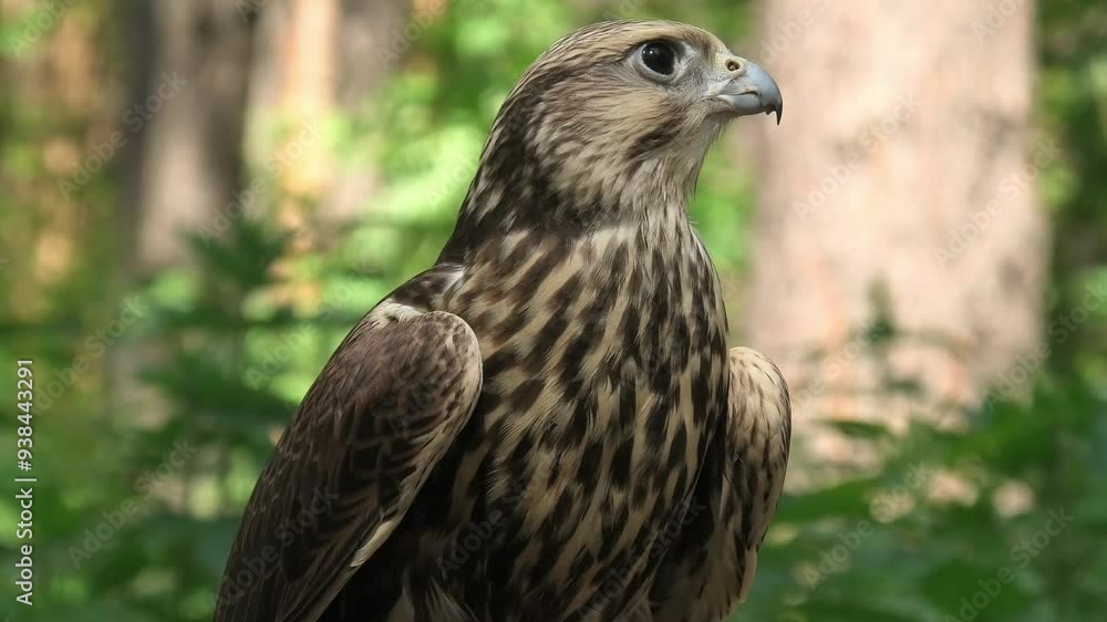 Saker falcon in the summer forest, green plants in a background (Falco cherrug) Saker falcon in the summer forest, green plants in a background (Falco cherrug)