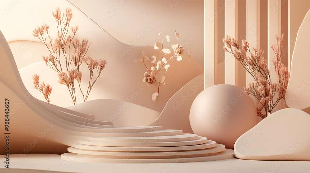 Fototapeta premium Abstract podium with a sphere and dried plants on a beige background.