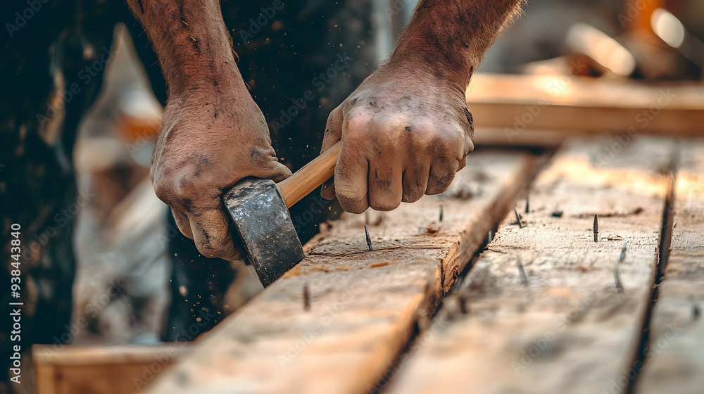 Close-up of a construction worker's hands hammering nails into wooden planks. Close-up of a construction worker's hands hammering nails into wooden planks.