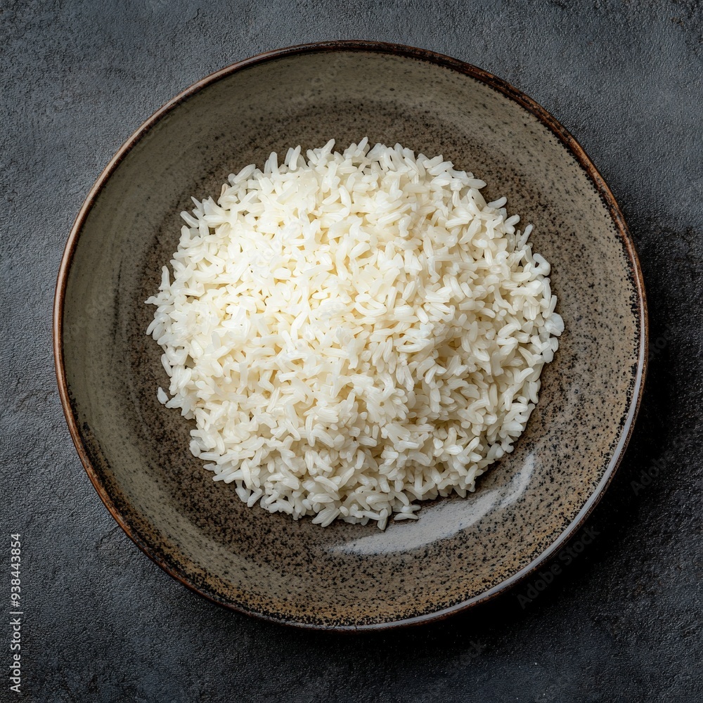 Simple bowl of white rice on a dark textured surface Simple bowl of white rice on a dark textured surface