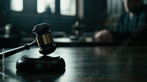 Close-up of a judge's gavel striking on a wooden surface during a courtroom trial, symbolizing justice, law, and the pronouncement of a legal decision. photo