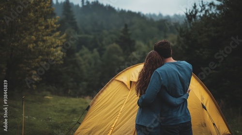 A couple embraces in front of their yellow tent in the woods, symbolizing the challenges of unaffordable housing, underconsumption, rising interest rates, pursuit of simpler living photo