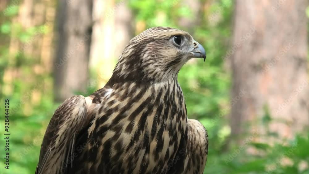 Saker falcon in the summer forest, green plants in a background (Falco cherrug) Saker falcon in the summer forest, green plants in a background (Falco cherrug)