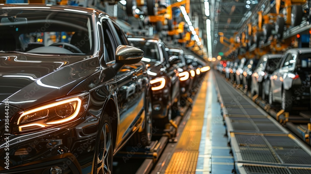 A line of modern cars is seen in an advanced automotive factory where state-of-the-art robots and precision machinery are employed for vehicle assembly. A line of modern cars is seen in an advanced automotive factory where state-of-the-art robots and precision machinery are employed for vehicle assembly.
