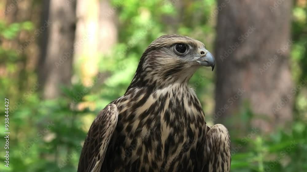 Saker falcon in the summer forest, green plants in a background (Falco cherrug) Saker falcon in the summer forest, green plants in a background (Falco cherrug)