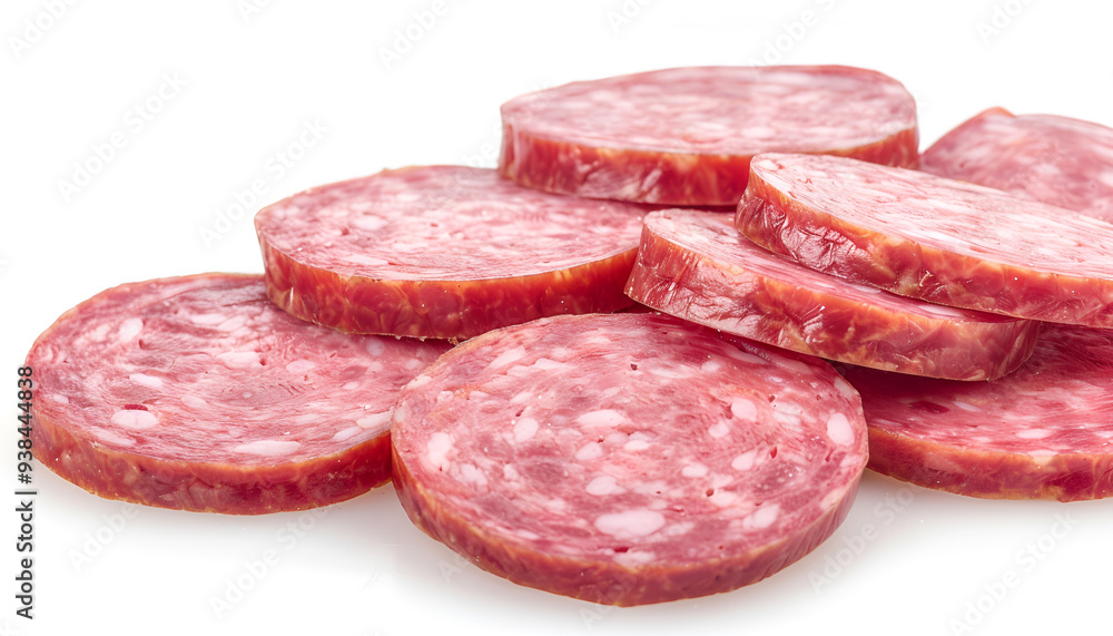 Sausage slices isolated on white background, full depth of field Sausage slices isolated on white background, full depth of field