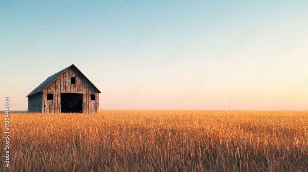 3D view of an empty, decayed barn in a field of tall, dry grass. The sunset light casts a nostalgic tone over the scene. Rendered in a minimalist 3D flat design style. 3D view of an empty, decayed barn in a field of tall, dry grass. The sunset light casts a nostalgic tone over the scene. Rendered in a minimalist 3D flat design style.
