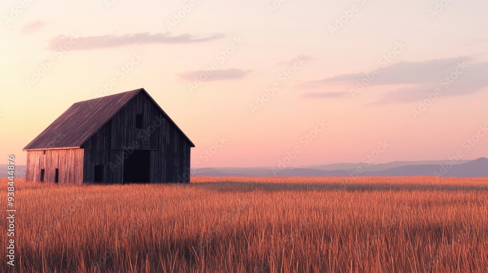 3D view of an empty, decayed barn in a field of tall, dry grass. The sunset light casts a nostalgic tone over the scene. Rendered in a minimalist 3D flat design style. 3D view of an empty, decayed barn in a field of tall, dry grass. The sunset light casts a nostalgic tone over the scene. Rendered in a minimalist 3D flat design style.