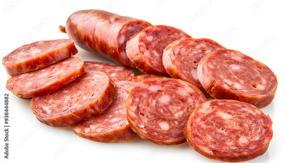 Sausage slices isolated on white background, full depth of field Sausage slices isolated on white background, full depth of field