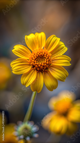 Closeup of a California goldfields (Lasthenia Californica) flower with blur dark background photo