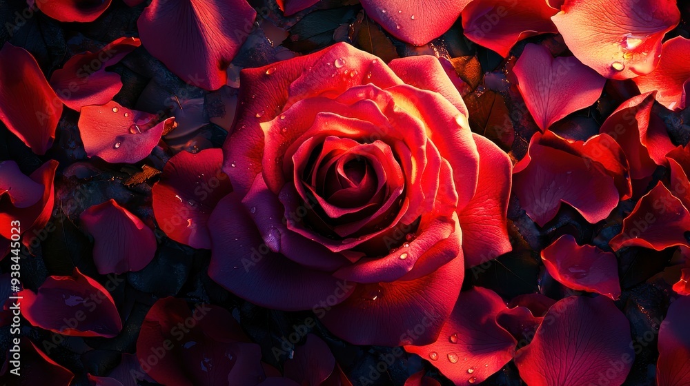 Top-down, high-angle shot of a single blooming rose surrounded by fallen petals. Intense colors and sunset light create soft shadows, highlighting the intricate texture and water droplets on the petal Top-down, high-angle shot of a single blooming rose surrounded by fallen petals. Intense colors and sunset light create soft shadows, highlighting the intricate texture and water droplets on the petal