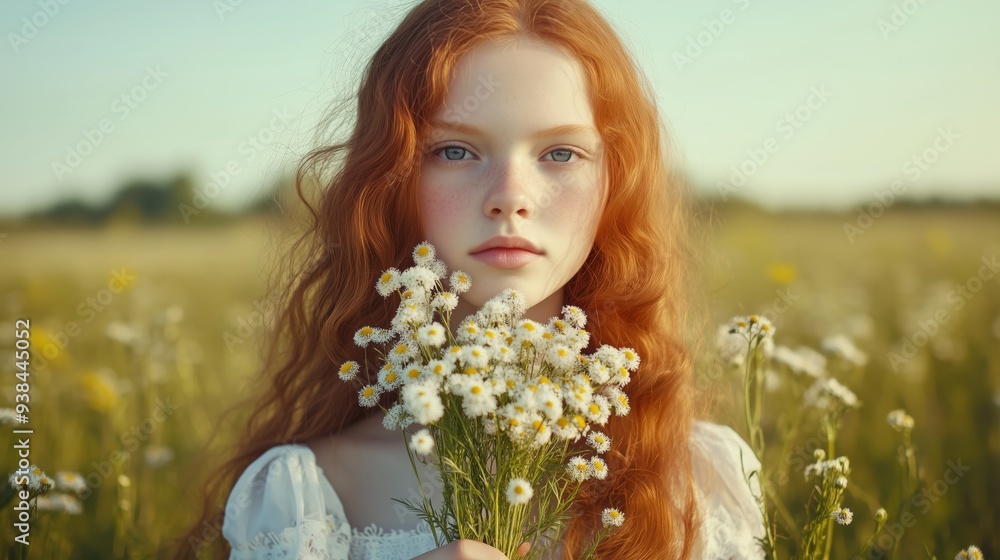 Young Girl with Red Hair Holding Daisies in Field Young Girl with Red Hair Holding Daisies in Field