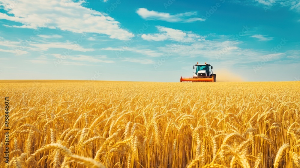 Fototapeta premium Tractor Harvesting Wheat Field