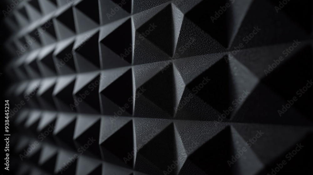 Detailed view of dark brown sound-absorbing foam wall with pyramid pattern, used for acoustic treatment in recording studios. Detailed view of dark brown sound-absorbing foam wall with pyramid pattern, used for acoustic treatment in recording studios.