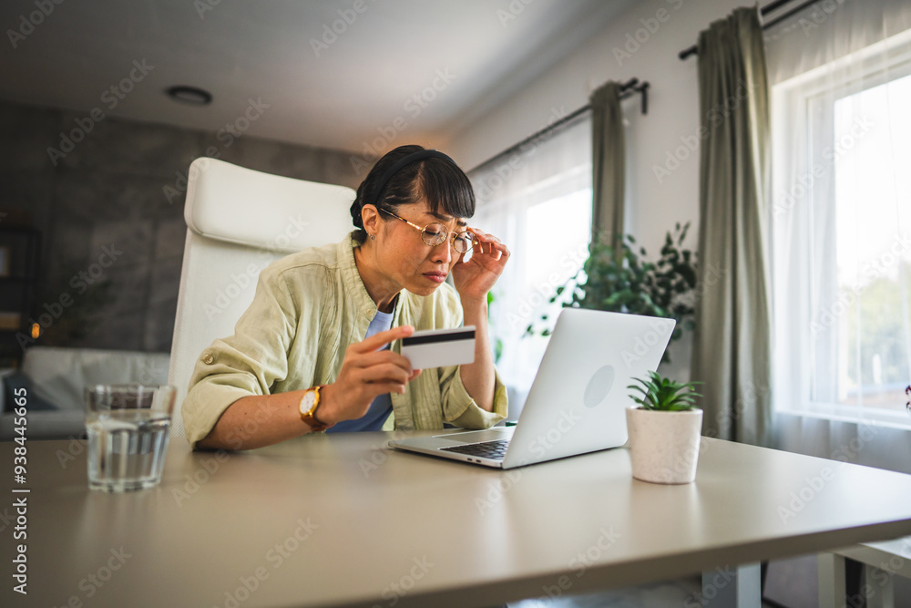 worried japanese woman buy online on laptop with credit card worried japanese woman buy online on laptop with credit card