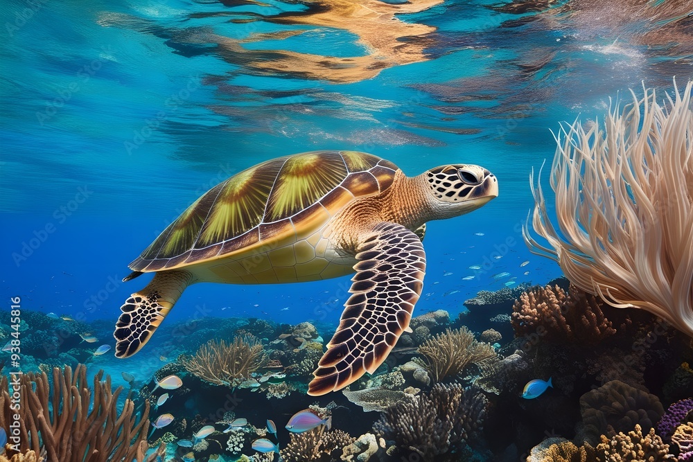 Fototapeta premium A sea turtle its shell and swiming in water