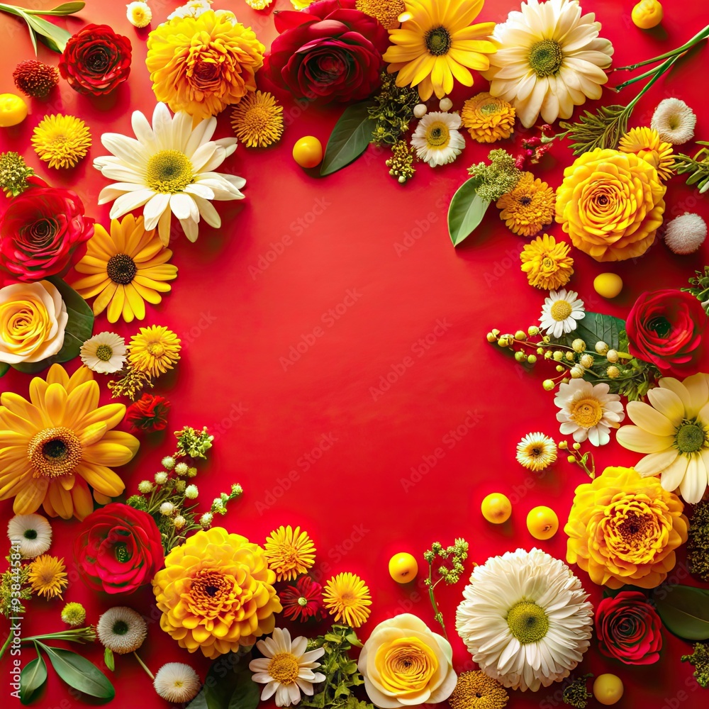 Fototapeta premium Red Background Floral Border with Yellow, White, and Red Flowers