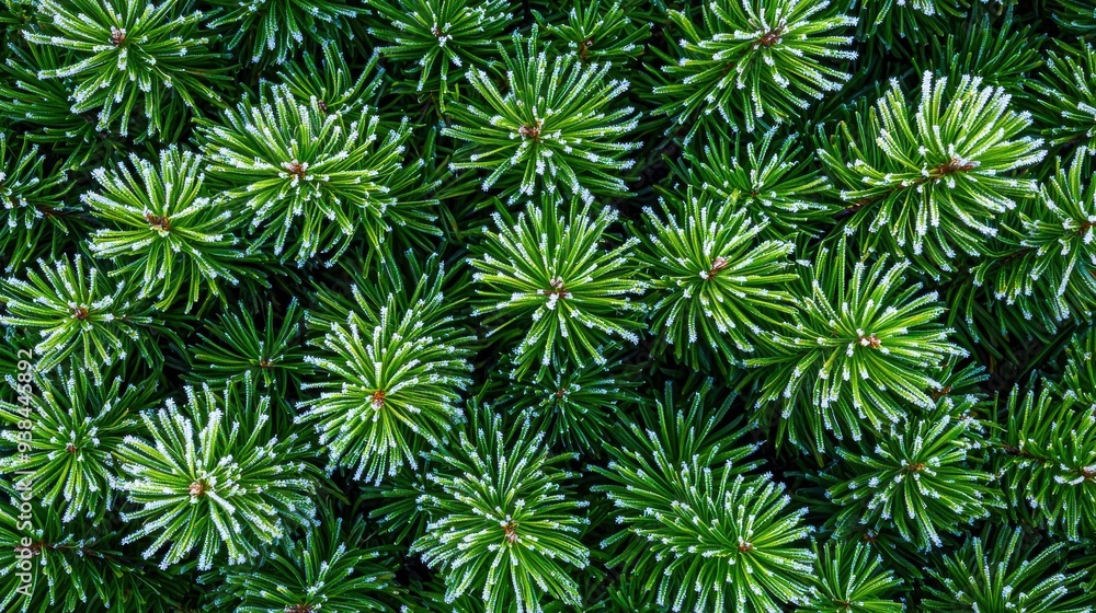 Top-down, high-angle shot, close-up of frost-covered pine needles. The scene showcases delicate, detailed textures with vibrant green hues illuminated by early morning light, tiny ice crystals shimmer Top-down, high-angle shot, close-up of frost-covered pine needles. The scene showcases delicate, detailed textures with vibrant green hues illuminated by early morning light, tiny ice crystals shimmer