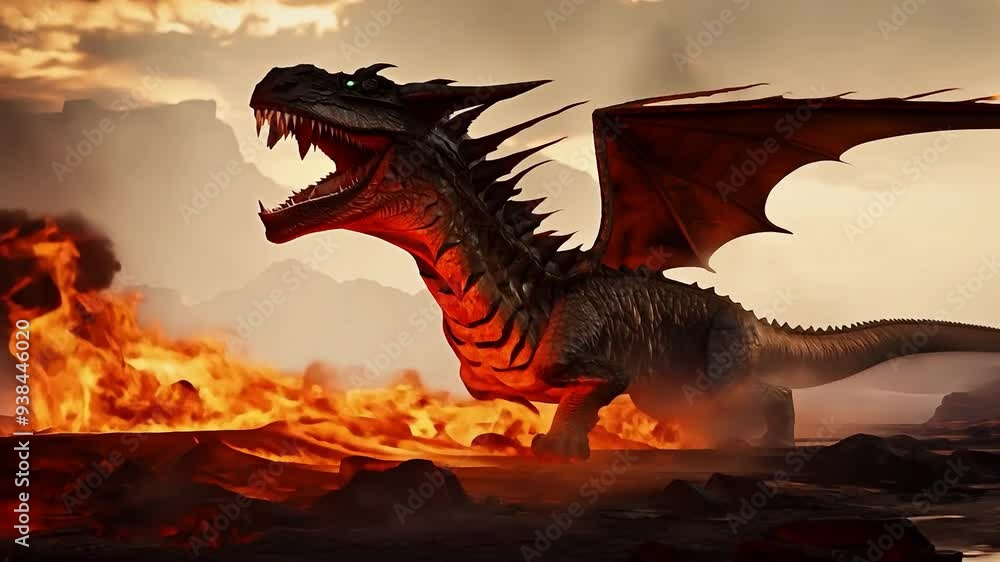 Large black dragon roaring in volcanic environment Large black dragon roaring in volcanic environment