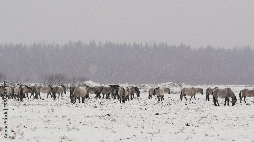 Wild Horses Grazing in Snowy Field Wild Horses Grazing in Snowy Field