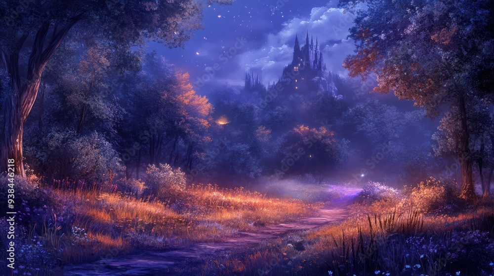 Naklejka premium A forest with purple butterflies flying around.