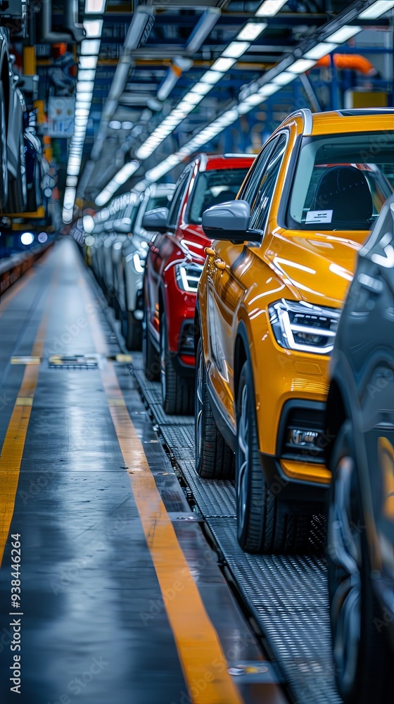 A variety of colorful automobiles navigating through an assembly line in a car factory, showcasing the diversity in car manufacturing and the vibrant automotive industry. A variety of colorful automobiles navigating through an assembly line in a car factory, showcasing the diversity in car manufacturing and the vibrant automotive industry.