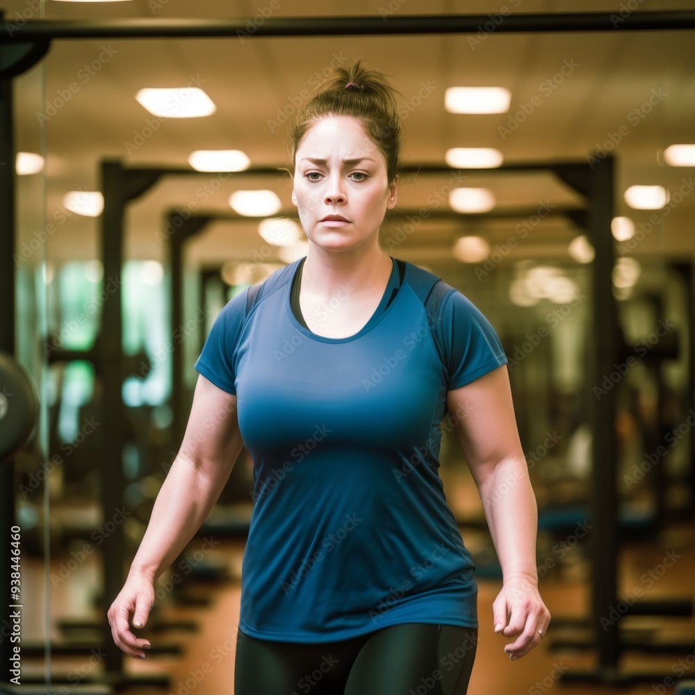 Young woman wearing a blue shirt and black leggings standing in a gym with her hands by her side, looking determined. In the background, there are barbells and a squat rack. Young woman wearing a blue shirt and black leggings standing in a gym with her hands by her side, looking determined. In the background, there are barbells and a squat rack.