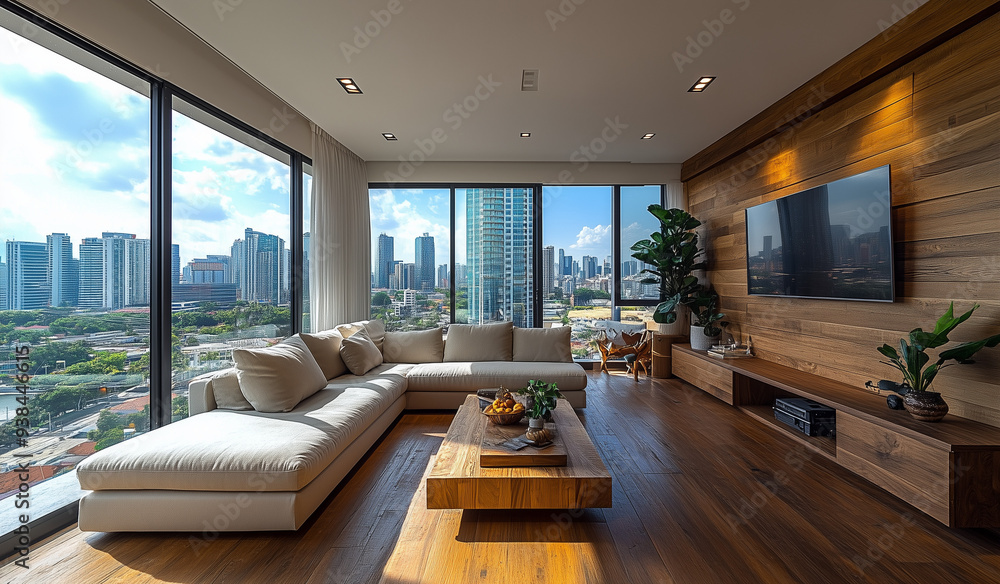 Modern living room with panoramic views of the cityscape on a sunny day, with a spacious sectional sofa and wooden design in the furniture and décor Modern living room with panoramic views of the cityscape on a sunny day, with a spacious sectional sofa and wooden design in the furniture and décor