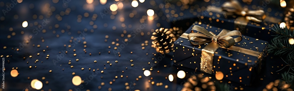 A gift with a golden bow in a black box, decorated with gold elements on a black background with festive twinkling lights A gift with a golden bow in a black box, decorated with gold elements on a black background with festive twinkling lights