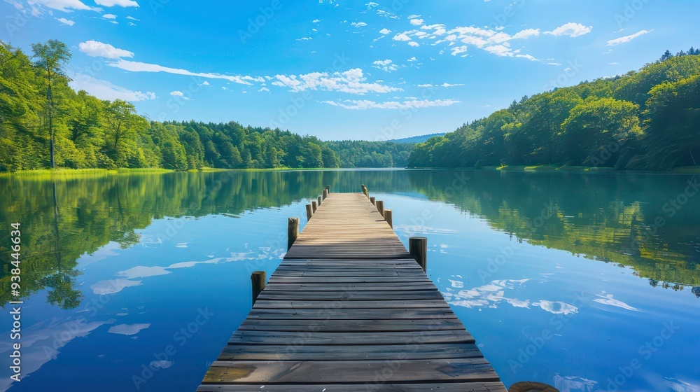 Naklejka premium Wooden pier extending into a calm lake surrounded by lush green trees with a blue sky and white clouds overhead.