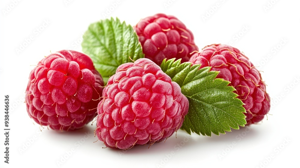 Close-up of four fresh ripe raspberries with green leaves on white background. Close-up of four fresh ripe raspberries with green leaves on white background.