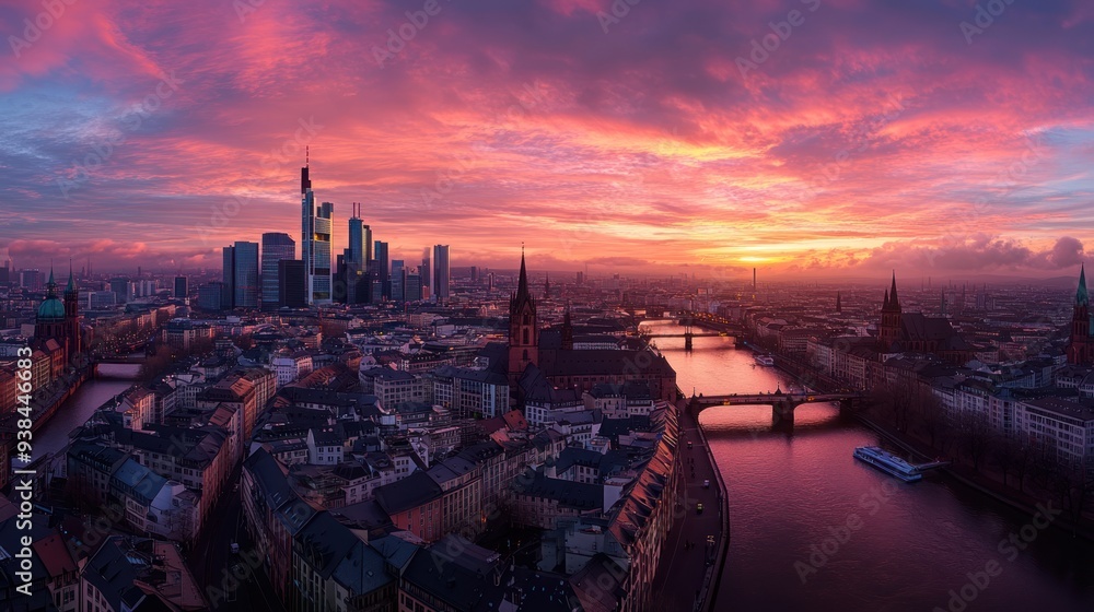 A city skyline with a river running through it and a beautiful sunset in the background. A city skyline with a river running through it and a beautiful sunset in the background.