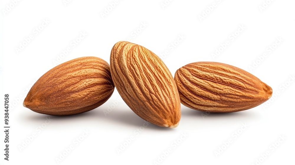 Three almonds, isolated on white background. Three almonds, isolated on white background.